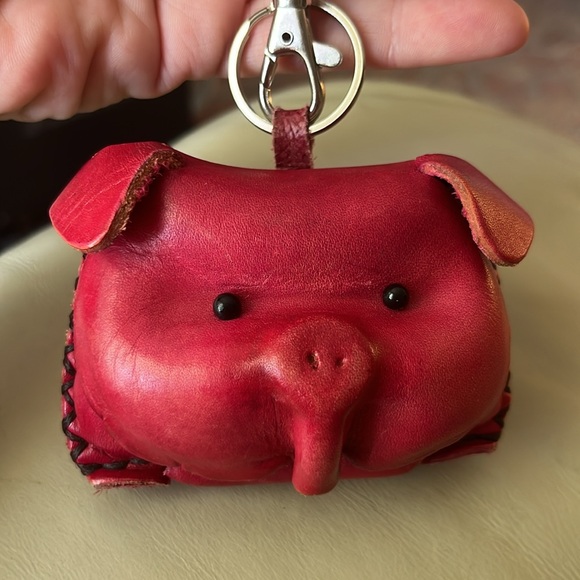Leather Piggy Coin Key Ring Dark Pink Just Adorable-Handmade - Picture 7 of 12